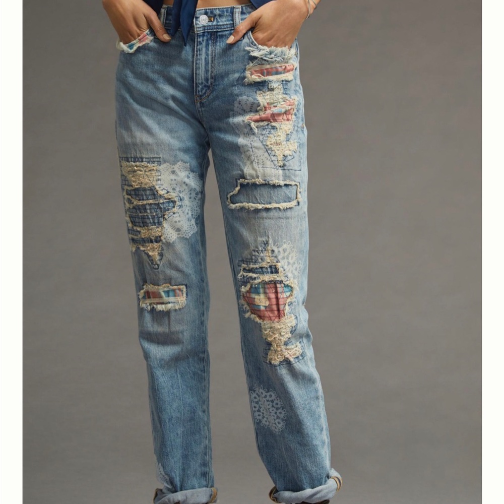 Pilcro Boyfriend Jeans with Patchwork and Lace - Light Blue